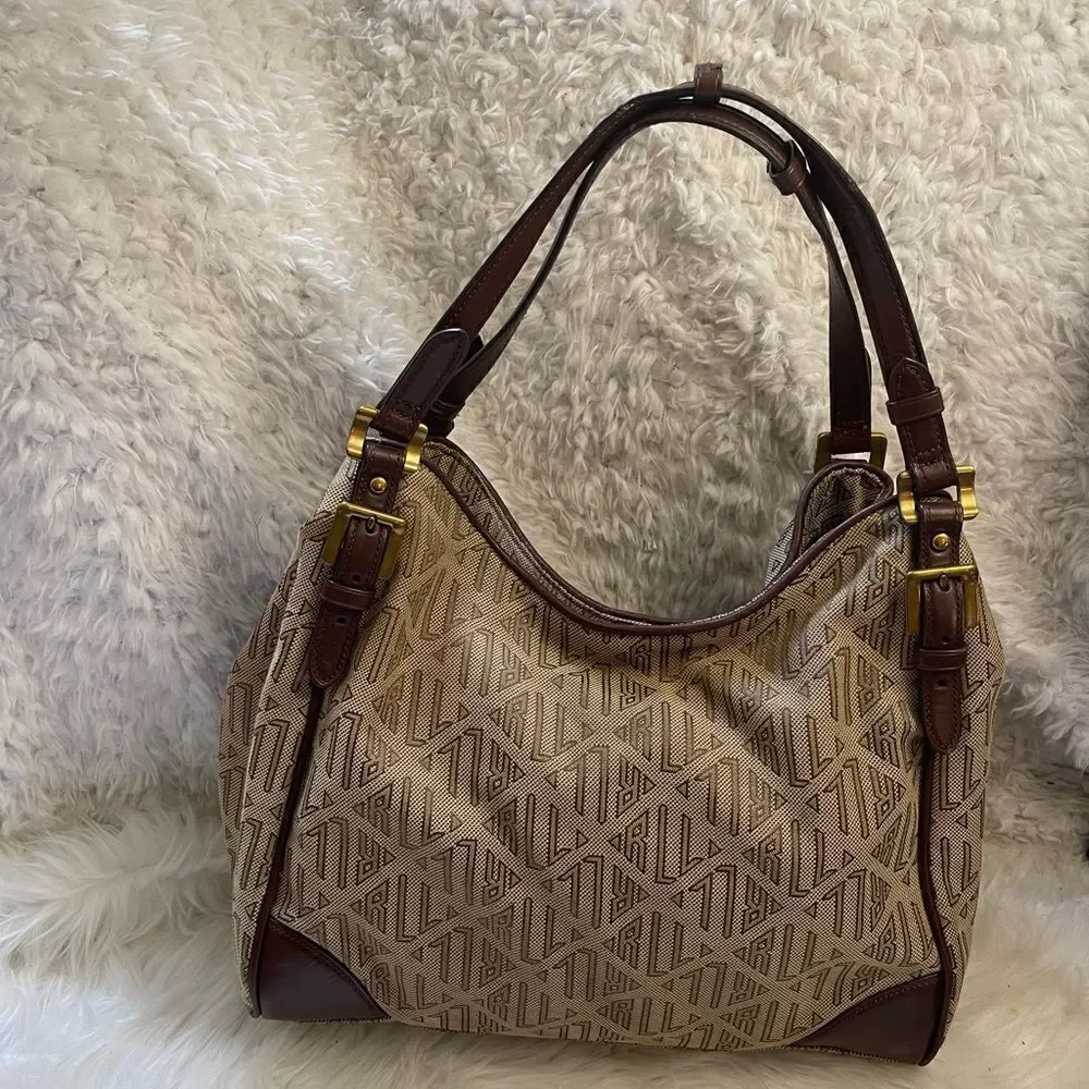 Ralph Lauren Logo Canvas khaki&brown Hobo Bag leather brown straps brass accents